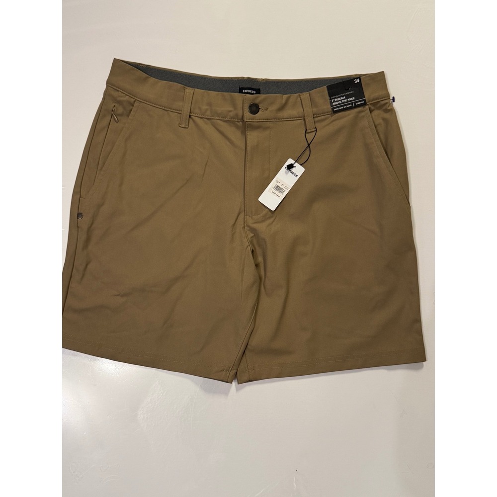 Express Mens Everyday Performance Shorts 34 Khaki Tan 7 Inch Inseam Stretch NEW